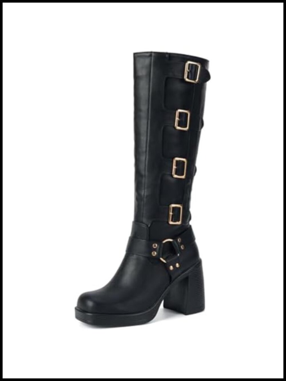 Knee High Buckle Boots Faux Leather Fleece Lined Square Toe Chunky Heel Pull On